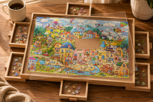 Truwheelz Rotierendes Puzzlebrett aus Holz – bis 2.000 Teile, 6 Schubladen, mit Abdeckung