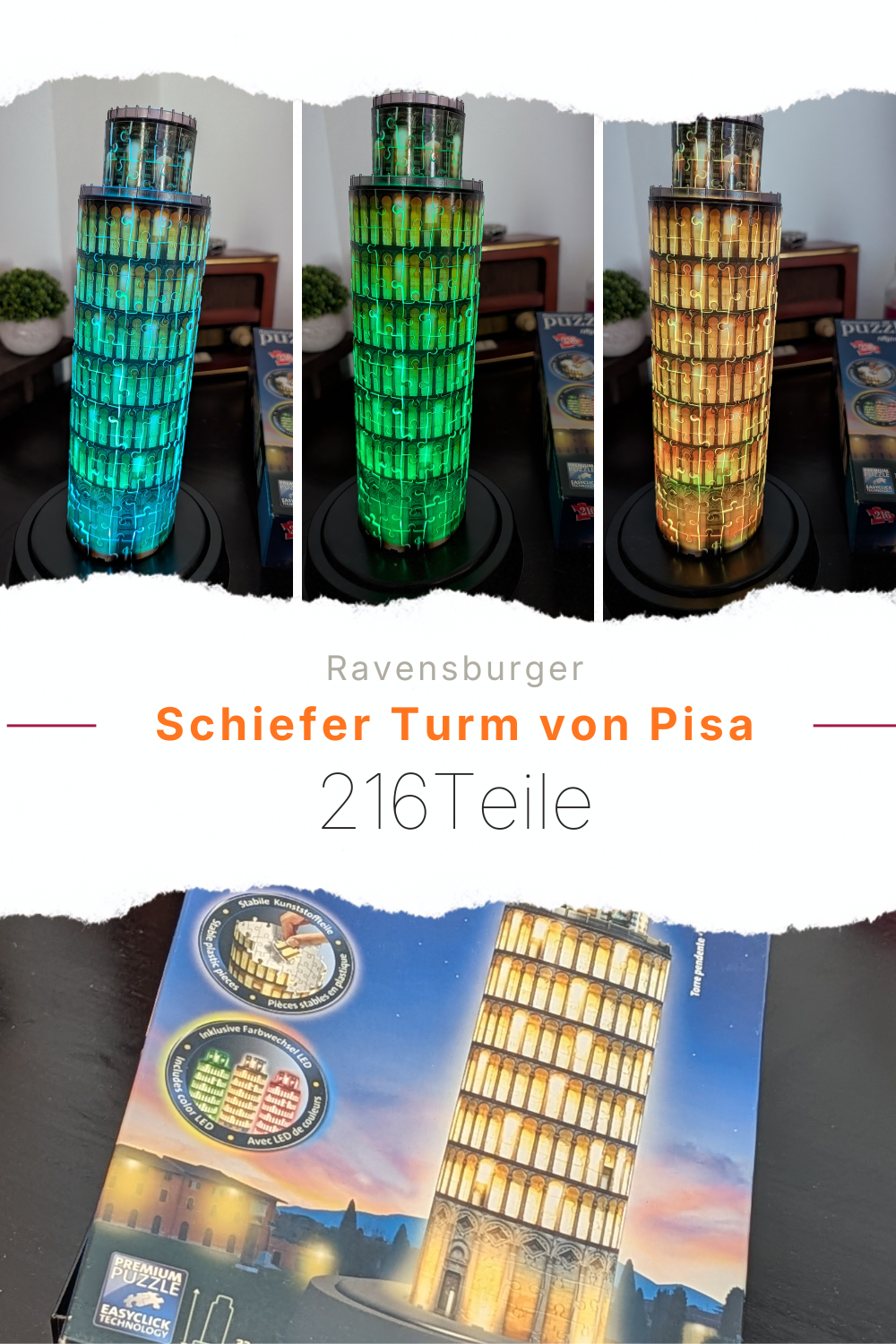 Ravensburger 3D-Puzzle Schiefer Turm von Pisa bei Nacht – 216 Teile mit LED-Beleuchtung 1 Schiefer Turm von Pisa bei Nacht