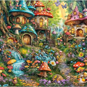 Das MOJIGE Tierisches Pilzdorf Puzzle zeigt eine farbenfrohe Fantasieszene mit Pilzhäusern und Waldtieren